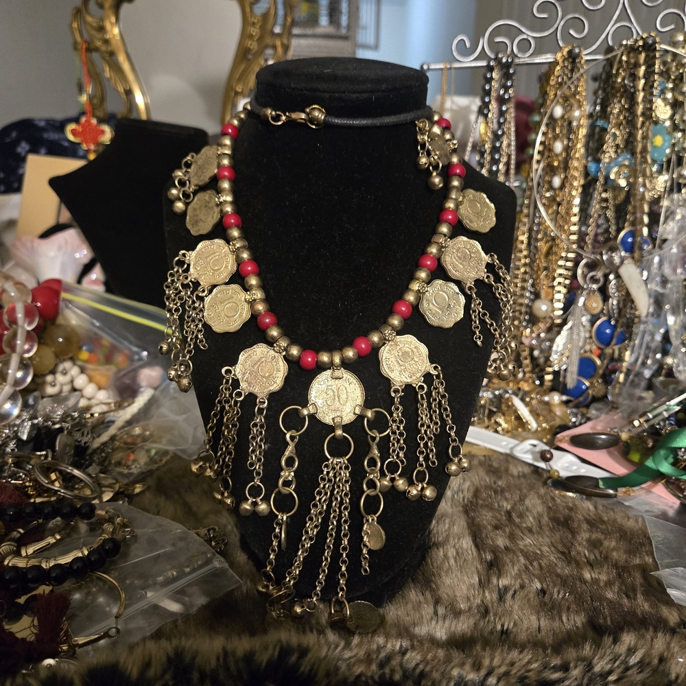 Gold and Red Coin Necklace